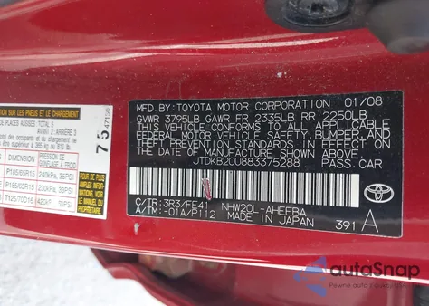 2008 Toyota Prius z USA, uszkodzony, nr VIN JTDKB20U883375288